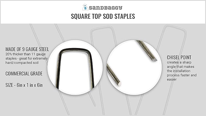 Sandbaggy 6 inch Landscape Sod Staples (9 Gauge Steel) ~ Great for Hard Soil - 20% Thicker Than Competition - Trusted by Farmers & Contractors Across USA (200 Staples)