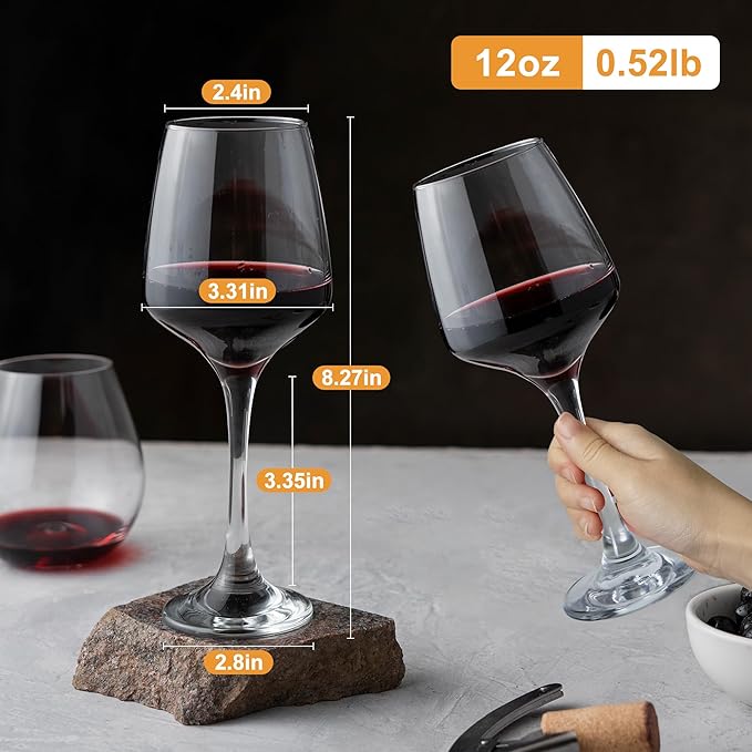 Crystal Wine Glasses Set of 6-12oz Long Stem Wine Glass, Clear Pretty Crystal Glassware, Hand Blown Drinkware, Unique Stemware Wine Glass Holiday Gift Set