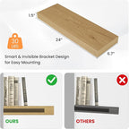 Floating Shelves for Wall, 24" W x 6.7" D x 1.5" H, Wooden Wall Mounted Display Shelves with Invisible Brackets for Living Room, Bedroom, Bathroom, Kitchen Decor and Storage, Set of 2, Oak