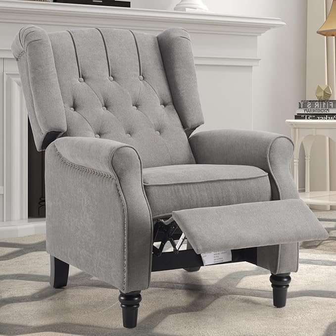 EBELLO Pushback Recliner Chair, Fabric Armchair Push Back Recliner with Rivet Decoration, Mid Century Wingback Accent Chair for Living Room, Bedroom, Grey