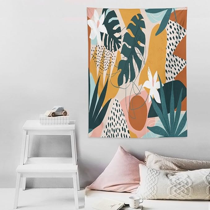 Abstract Bohemian Mid Century Tapestry, Tropical Leaves Modern Geometric Archway Minimalist Bohemian Botanical Aesthetic Wall Hanging, Sage Green Gold Home Decor Art for Bedroom 60x80 Inch