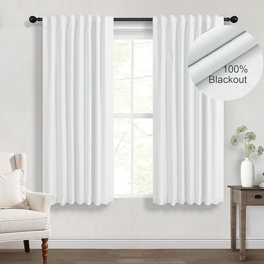 White Blackout Kitchen Curtains 45 Inch Length for Small Window Bedroom Cute Cottage Short Flax Linen Curtain 2 Panel Sets Heat Blocking Insulated Thermal Cafe Drapes Rod Pocket Back Tab 52 x 45 Long