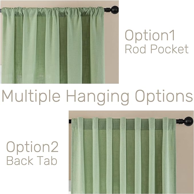 Joydeco Linen Curtains for Living Room,Light Filtering Rod Pocket Back Tab Semi Sheer Drapes Window Long Curtains 90 inches Long Sage Green