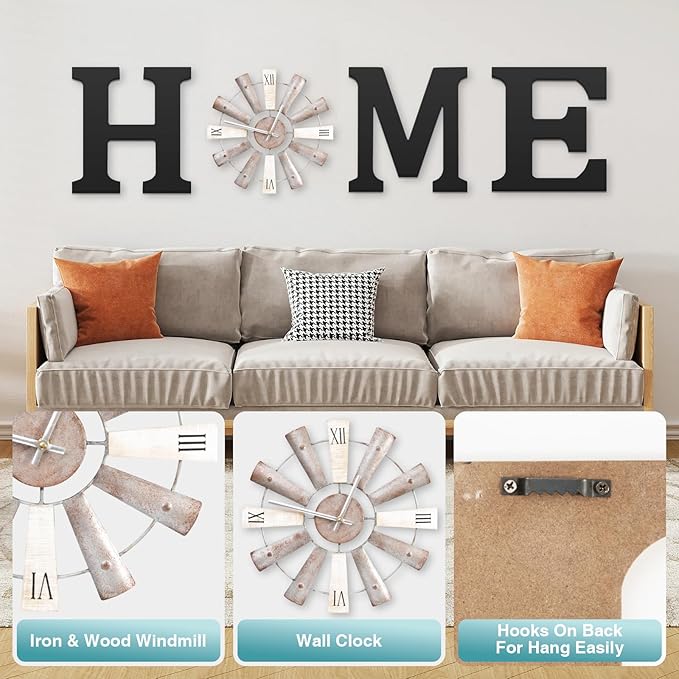 Farmhouse Home Signs with Windmill Clock Wall Decor Rustic Home Letters Wall Art for Living Room Kitchen Entryway Dining Room Bedroom (black)