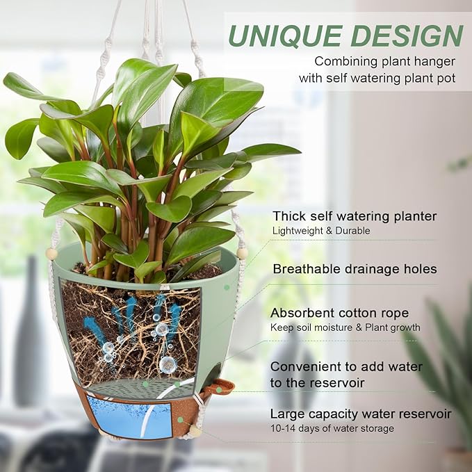 41.5 Inch Macrame Plant Hanger Indoor Outdoor with 12 Inch Flower Pot, Hanging Planter for Plants Holder with Wood Beads for Boho Home Decor (Ivory+Green)