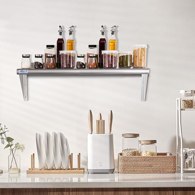 HARDURA Stainless Steel Shelf 18" x 48", 385lb Commercial Shelves Wall Mount Metal Shelving with Backsplash and Brackets for Kitchen, Restaurant, Laundry Room and Home