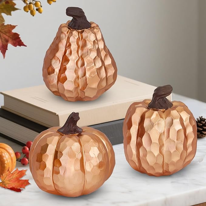 Large Pumpkin Decor Set of 3, Resin Pumpkins Thanksgiving Table Decor,5.9 Inch Faux Pumpkins Suitable for Fall Home Decor,Fall Table Decorations,Fall Mantel Decor (Gold)