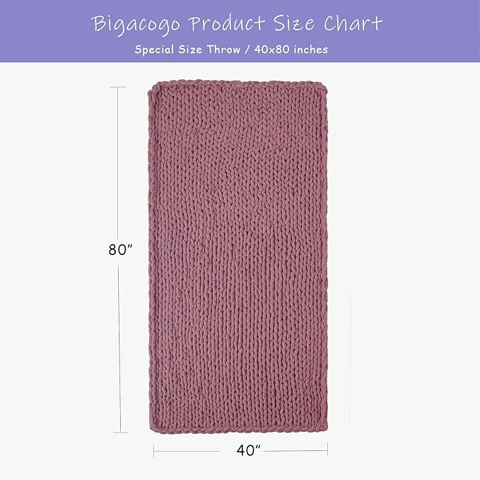 Bigacogo Chunky Knit Throw Blanket for Couch, 40x80 inches, 100% Hand Knitted with Thick Jumbo Chenille Yarn, Cozy Soft Large Rope Knot Cable Crochet Blankets for Sofa Bed Living Room, Burnt Rose