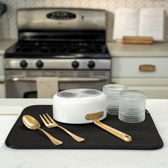 S&T INC. Dish Drying Mat, 16” x 18”, Absorbent Microfiber Kitchen Counter Mat, Dish Drying Pad for Dishes, Utensils, Pots and Pans, Large, Black