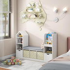 Vabches Kids Bookcase and Bookshelf with Reading Nook, Multifunctional Bookcase with 7 Storage Cubbies 2 Movable Drawers, Bookcases with Seat Cushion for Toy Storage Organizer Children's Room, Bedroom