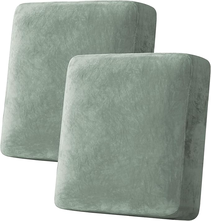 H.VERSAILTEX Velvet Stretch Couch Cushion Cover Plush Cushion Slipcover for Loveseat Cushion Furniture Protector Seat Cushion Sofa Cover (2 Piece Medium Sofa Cushion Covers, Sea Grass)
