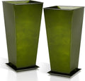 WORTH Garden 28" Large Metal Glazed Planter Set of 2, Luxurious Glossy Finish Green Tall Square Tapered Steel Plant Pots, Decor Flower Pot Indoor & Outdoor, Drainage Hole & Dual-Purpose Plant Saucer
