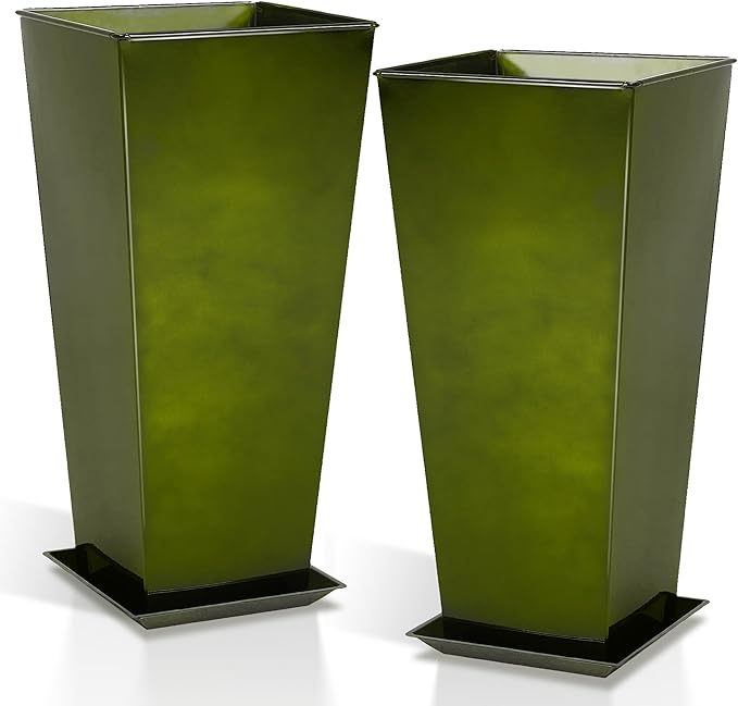 WORTH Garden 28" Large Metal Glazed Planter Set of 2, Luxurious Glossy Finish Green Tall Square Tapered Steel Plant Pots, Decor Flower Pot Indoor & Outdoor, Drainage Hole & Dual-Purpose Plant Saucer