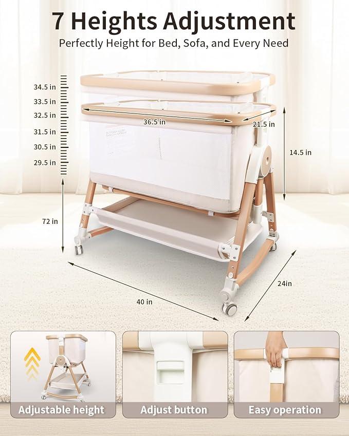 4 in 1 Baby Bassinet, Bassinets Bedside Sleeper with Wheels and Storage Basket, Adjustable 7 Heights Bedside Sleeper with Mosquito Net, Breathable Mesh Rocking Bassinet for Baby