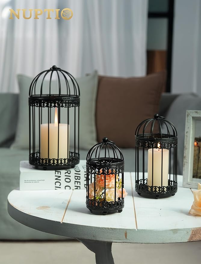 NUPTIO Vintage Bird Cage Lantern: Black Hanging Bird Cage Decor Candle Lanterns for Centerpiece - Large Birdcage Pillar Candles Holder for Halloween Christmas Bridal Shower 10 Inch H