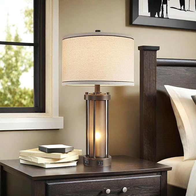 Set of 2 Farmhouse Table Lamps for Living Room with 2 USB Charging Ports, Vintage Rustic Nightstand Lamps with Amber Glass Nightlight, Retro Desk Lamps for Bedroom Entryway, 4 Bulbs Included (Brown)