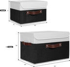 ANMINY 2PCS Storage Boxes with Lid Washable Decorative Storage Bins Basket with PU Leather Handle Foldable Linen Fabric Storage Cubes Containers for Home Closet Organizer - Black White, Large Size