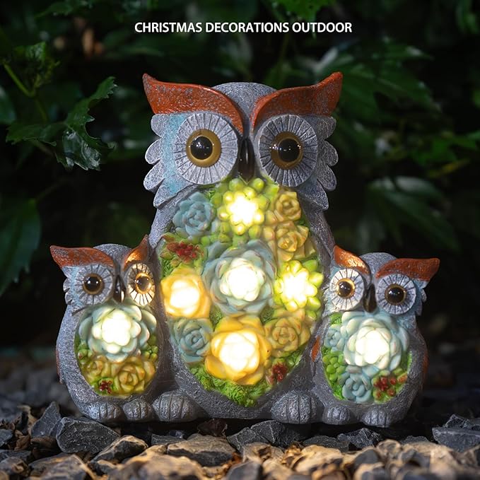 Solar Garden Statue Lights Owl Figurine with LED Lights, Outdoor Garden Succulent Ornaments, Mothers Day Mom Gifts for Outside Patio Yard Lawn Decor