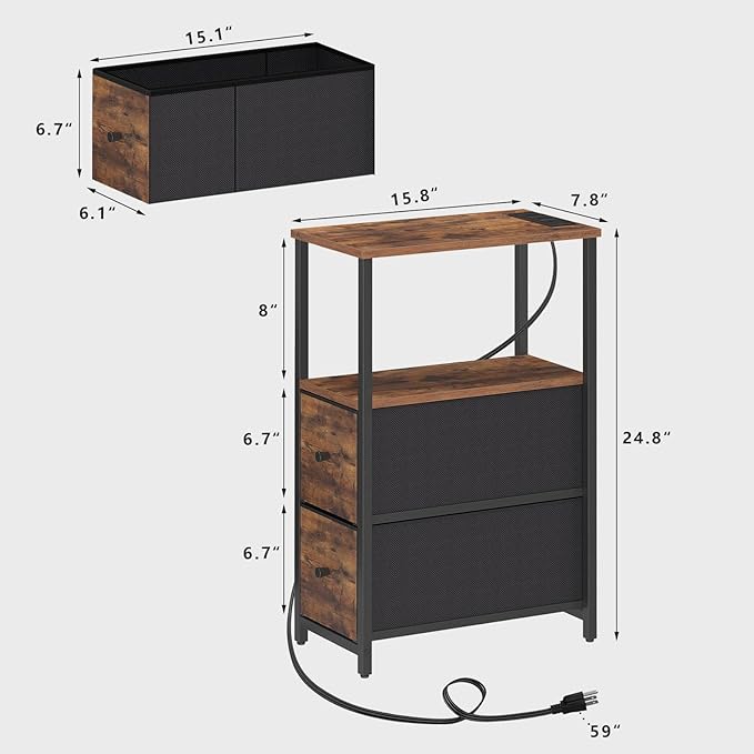 TUTOTAK Small Narrow LED End Table with Charging Station, Side Table Outlets, Nightstand with 2 Cloth Drawers, Couch Table, for Living Room, Bedroom, Bedside, Brown TB01BB085L