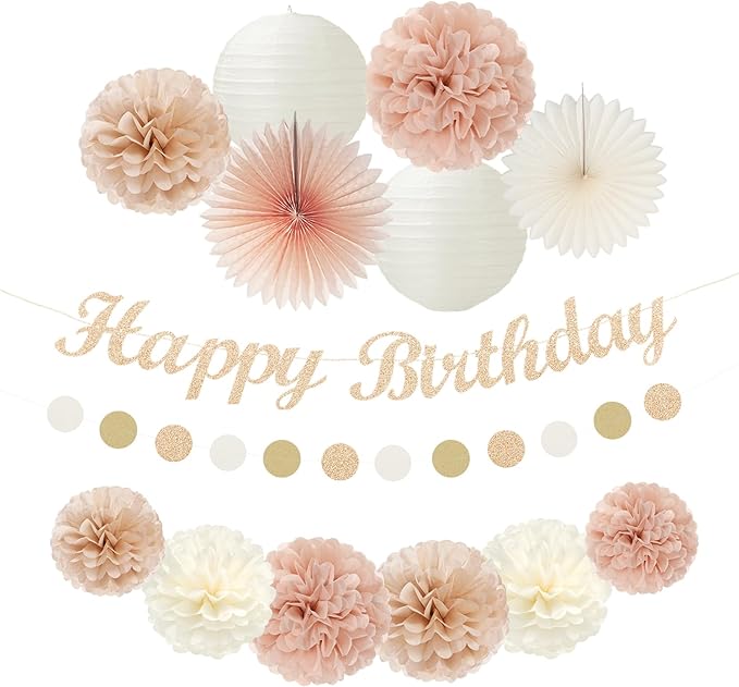 Champagne Rose-Gold Beige Birthday Party-Decorations - 14pcs Happy Banner Boho Lanterns Tissue Pom Poms,Rustic Streamers Garland Fans,Neutral One Sweet Peach Girls Women Hanging Supplies Decor Hugfond