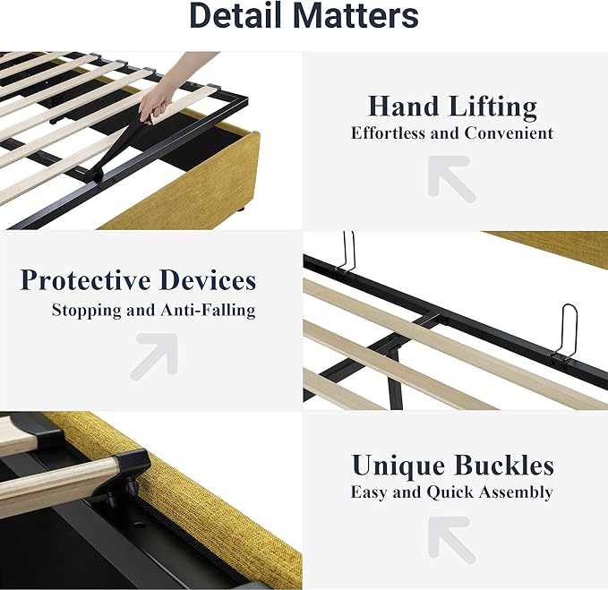 Allewie King Size Lift Up Storage Bed, Modern Wingback Headboard, Hydraulic Support, No Box Spring Needed, Olive Yellow