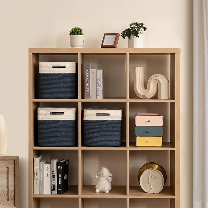 OIAHOMY Cube Storage Basket, 3-Pack Woven Cotton Rope Baskets for Storage, 11-Inch Cube Basket with Handles, Great for Shelves, Closets, Children's Toy Storage and Organization-White & Blue