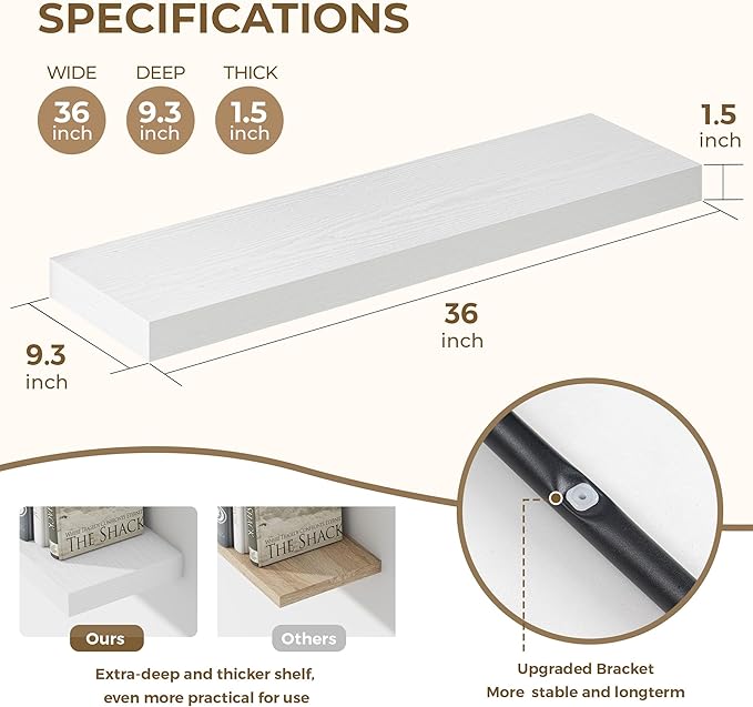 36 Inches Floating Shelves for Wall, 9.3" Deep Long Floating Shelves Set of 2, Large Display & Storage Shelf, Wall Shelf for Bathroom Bedroom Living Room Kitchen Office, White