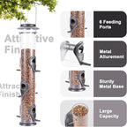 MIXXIDEA 1PK Metal Bird Feeders with 6 Feeding Ports,Tube Bird Feeder with Steel Hanger,Hard Plastic Wild Bird Feeder for Outdoors Hanging, Attracting Birds in Your Lawn, Garden, Balcony-Grey