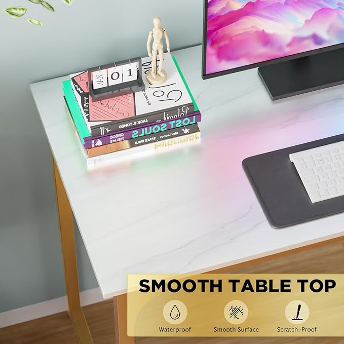 PayLessHere | 39 Inch Computer Desk | White Gold | Office Desk with Metal Frame, Adjustable Feet | Water-Resistant, Scratchproof Surface | Sturdy Writing Table for Home Office or Study | Pack of 1