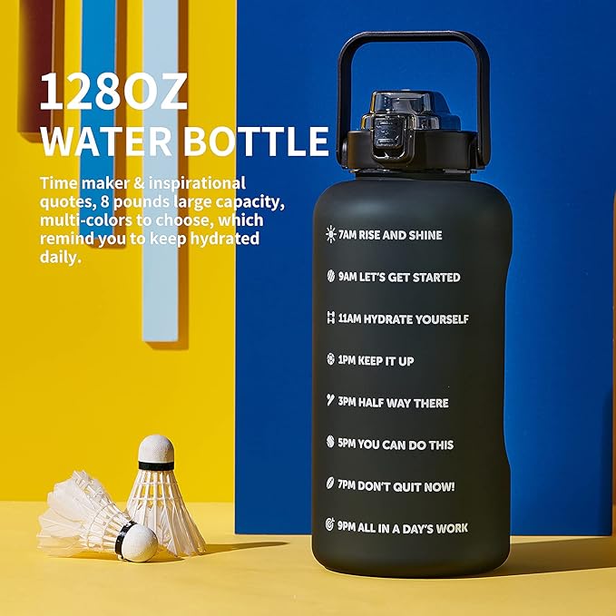 64oz,100oz,128oz Large Motivational Water Bottle with Time Marker, Leakproof & BPA Free Half Gallon Big Water Bottle with Straw Handle Tritan Frosted Water Jug for Gym,Fitness,Outdoor Sports