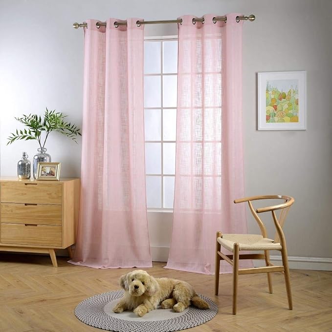 MIUCO Semi Sheer Curtains Poly Linen Textured Solid Grommet Curtains 84 Inches Long for Girls Room 2 Panels (2 x 37 Wide x 84" Long) Pink