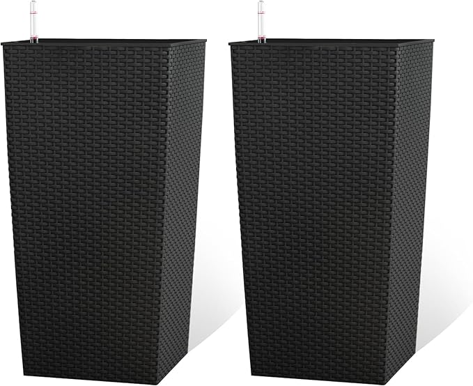 2Pcs 23in High Large Plant Pots Planter-Self-Watering,Modern Planter with Drain Holes,Water Level Monitor,Inner Bucket for Indoor/Outdoor Front Porch Patio,Black Rattan