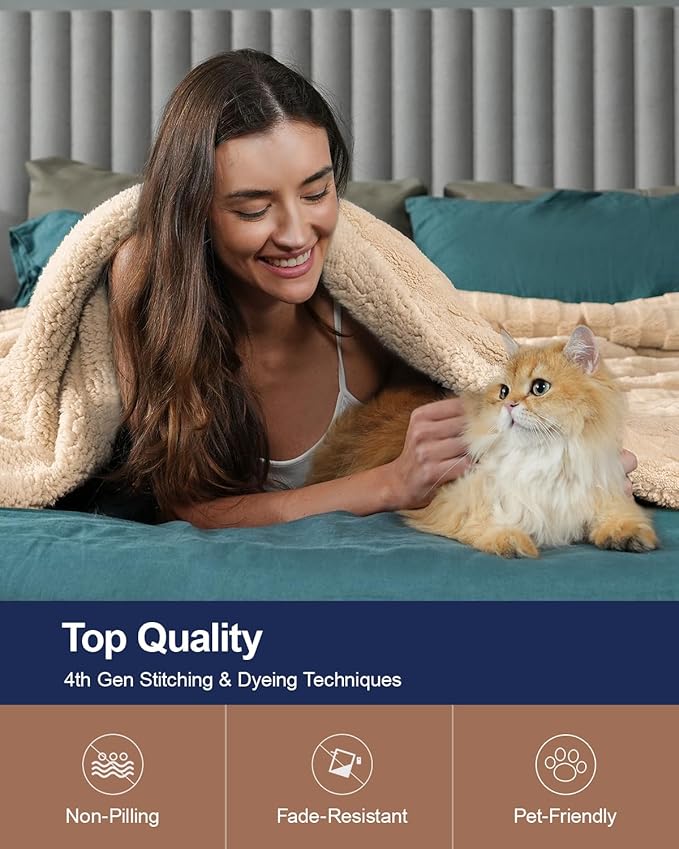 Pawque Super Soft Cozy Throw Blanket King Size for Couch Bed, Fluffy Sherpa Fleece Reversible Thick Warm Fuzzy Blanket for All-Season, 3D Checkered Jacquard Decorative Blankets, Khaki, 108"x90"