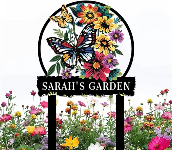Personalized Butterfly Metal Sign with Stake,Custom Gardener Family Name Signs Outdoor Decorate,Customized Garden Accessories Decor for Mother's Day,Sunflowers Plaques for Patio Lawn Porch Backyard