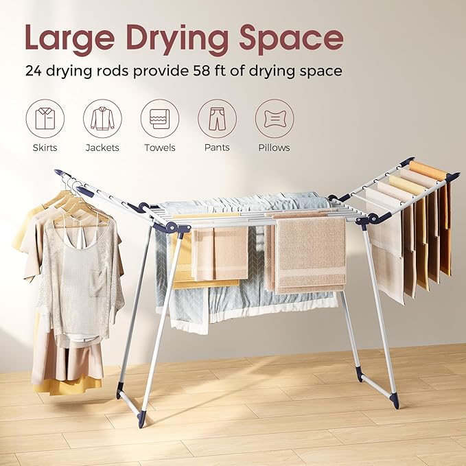 APEXCHASER Clothes Drying Rack Foldable, Large Drying Rack Clothing, Winged Laundry Rack Folding Indoor Outdoor, Metal Clothes Airer for Bedding Towel Sweater Heavy Duty, 68.9" X 22" X 39.3", White