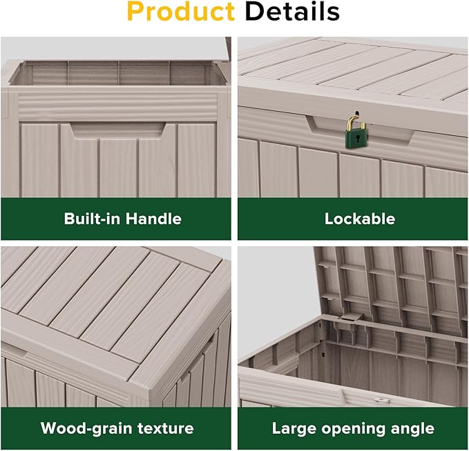 Vixzen 45 Gallon Resin Deck Box, Lockable Outdoor Storage Box for Patio Cushions Storage Furniture,Garden Tools, Pool Supplies, Weatherproof and UV Resistant