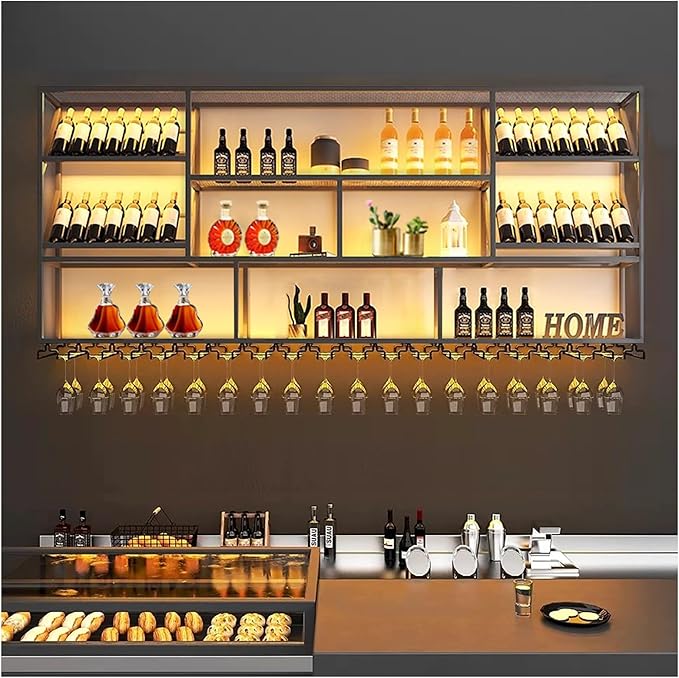 51Inch Wall Mounted Wine Rack, 3 Tiers Large Bar Shelves with 12 Glass Holder, Metal Wine Bottle Display Shelf, Modern Iron Liquor Shelf, for Kitchen Dining, Home Bar, Cellar (51.1" W)