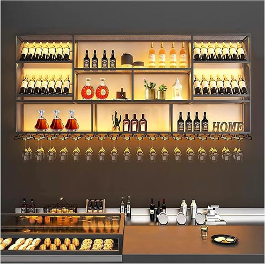 51Inch Wall Mounted Wine Rack, 3 Tiers Large Bar Shelves with 12 Glass Holder, Metal Wine Bottle Display Shelf, Modern Iron Liquor Shelf, for Kitchen Dining, Home Bar, Cellar (51.1" W)
