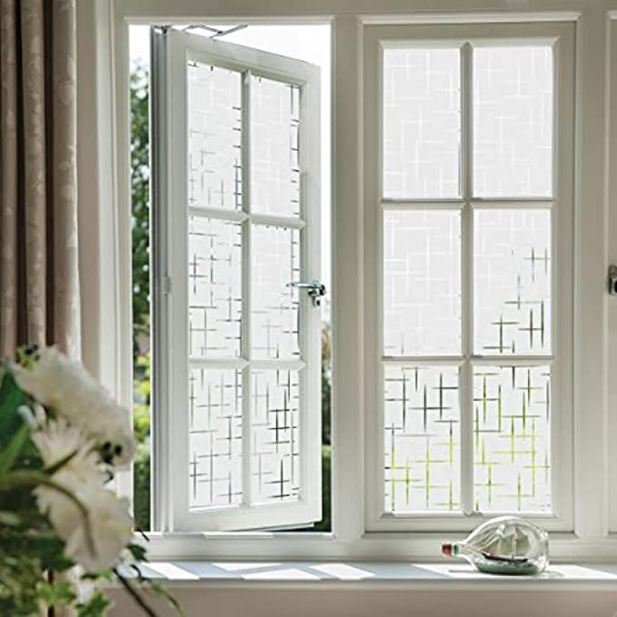 Finnez Frosted Window Film Non-Adhesive, Frosting Privacy Film for Glass Windows, Self Static-Cling Decorative Window Cling for Home Office UV Protection Cross Pattern, 29.5 x 157.4 inches