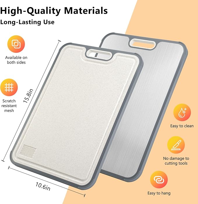Titanium Cutting Board for Kitchen, Double Sided Cutting Boards for Meal Prep with Pure Titanium and Wheat Straw PP, Dishwasher Safe Chopping Board for Meat Vegetables Fruits, Large Size, 16”×11”