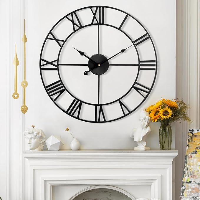 Large Wall Clock - 40cm/ 16 Inches Silent Non-Ticking Metal Wall Clock, Black, Vintage Modern Style, Battery Operated, Ideal for Living Room, Bedroom, Office, Farmhouse Decor