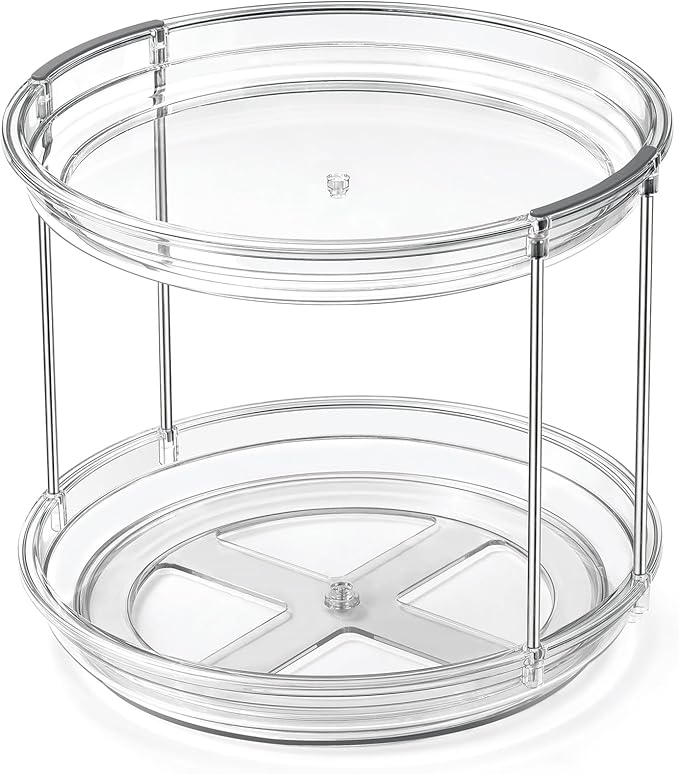 2 Tier Lazy Susan Organizer, 9.25'' Lazy Susan Turntable for Cabinet, Stackable Turntable Organizer Rotating Spice Rack Organization for Kitchen Countertop, Pantry, Bathroom, Clear