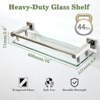 Alise Bathroom Glass Shelf with Stainless Steel Railing, Polished Chrome Small Tempered Glass Floating Wall Shelf Over The Toilet, 16 inch