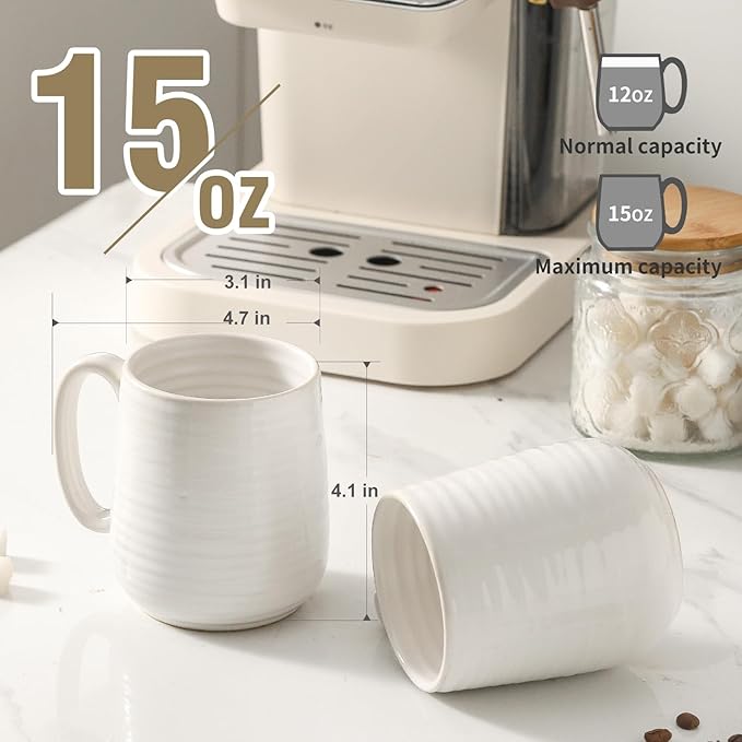 Hasense Coffee Mugs Set of 4, 15 Ounce Porcelain Latte Mug Set with Handle for Morning Coffee Tea and Cocoa, Ceramic Coffee Cups with Unqiue Glaze for Men, Women, Plain