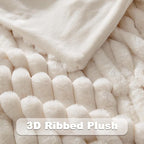 NEWCOSPLAY Faux Fur Twin Blanket Ivory 3D Ribbed Plush Thick Warm Blanket for Couch Sofa Bed 850GSM (Ivory Ribbed, Twin(60"x80"))