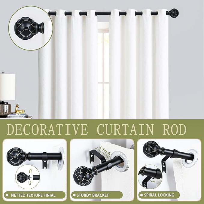 Black Adjustable Curtain Rods for Windows:Farmhouse Heavy Duty Curtain Rod for Bedroom Living Room,Boho Decorative Rustic Drapery Rods with Vintage Coastal Finials,Matte Black 2 Pack 18-45"