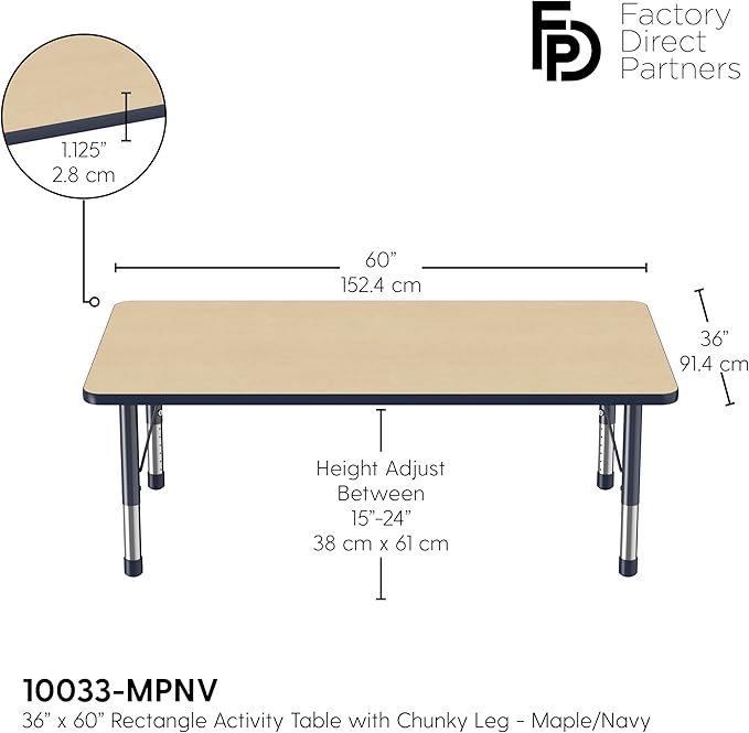 Factory Direct Partners FDP Rectangle Activity School and Classroom Kids Table (36 x 60 inch), Toddler Leg, Adjustable Height 15-24 inches - Maple Top and Navy Edge
