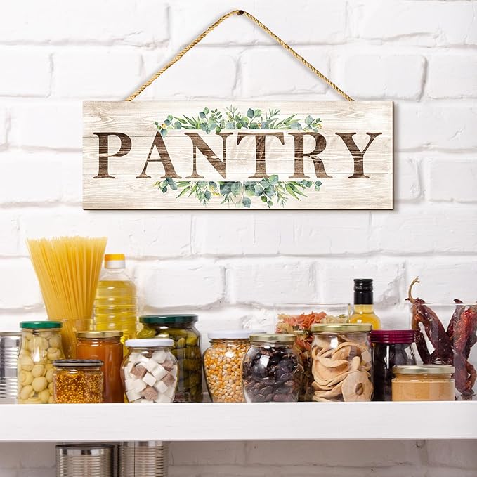 Bathroom Kitchen Laundry Pantry Sign Wall Decor 4 Piece, Wall Art with Plant Print, Rustic Farmhouse Wall Hanging Plaque Home Kitchen Decorative Bathroom, 4.7 x 13.7 inches