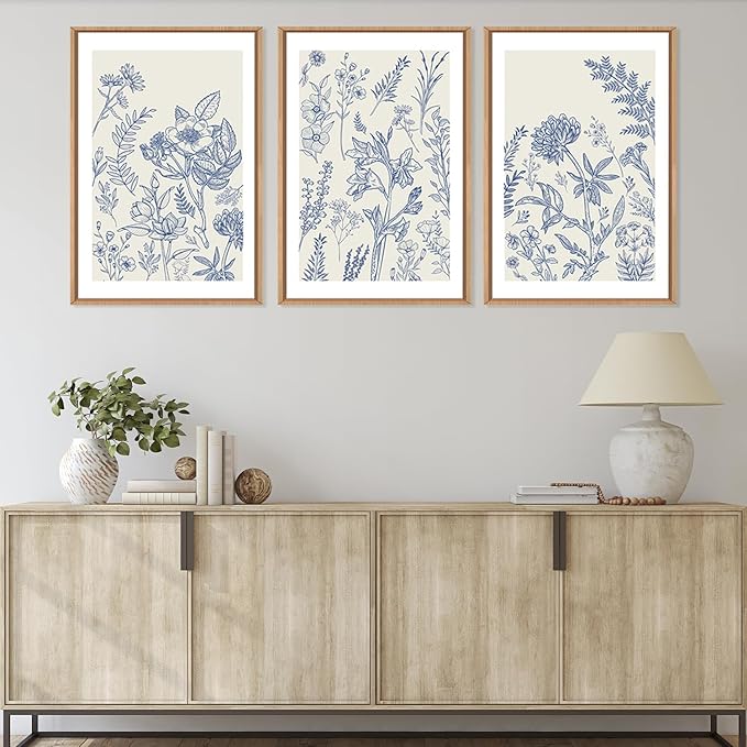 HPINUB Classic Chinoiserie Floral Framed Canvas Wall Art Set,Watercolor Blue and White Botanical Flowers Wall Decor,Navy Blue Minimalist Wildflower Art Print for Living Room,Bedroom,Office-16 x24 x3