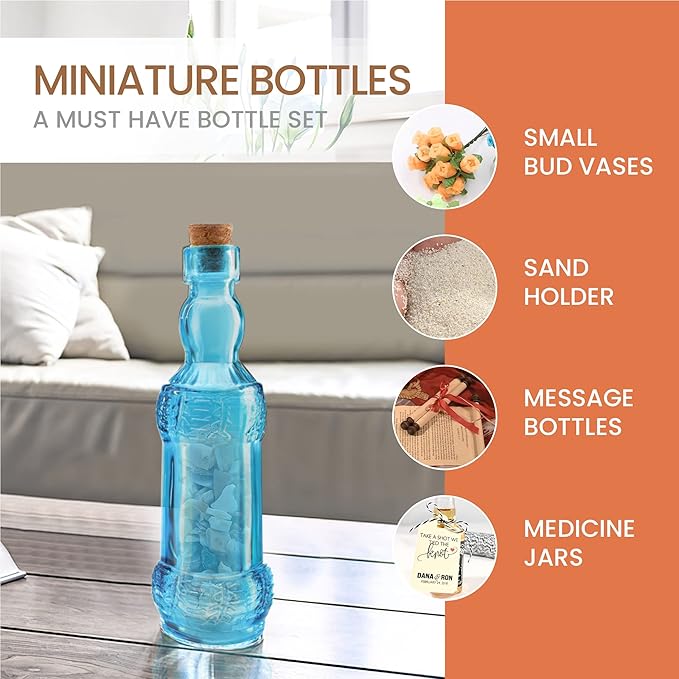 Small Blue Vintage Glass Bottles with Corks, Mini Vases, Decorative, Potion, Assorted Design Set of 12 pcs, 4.6 Inch Tall (11.43cm), 1.4 Inch Wide (3.56cm)